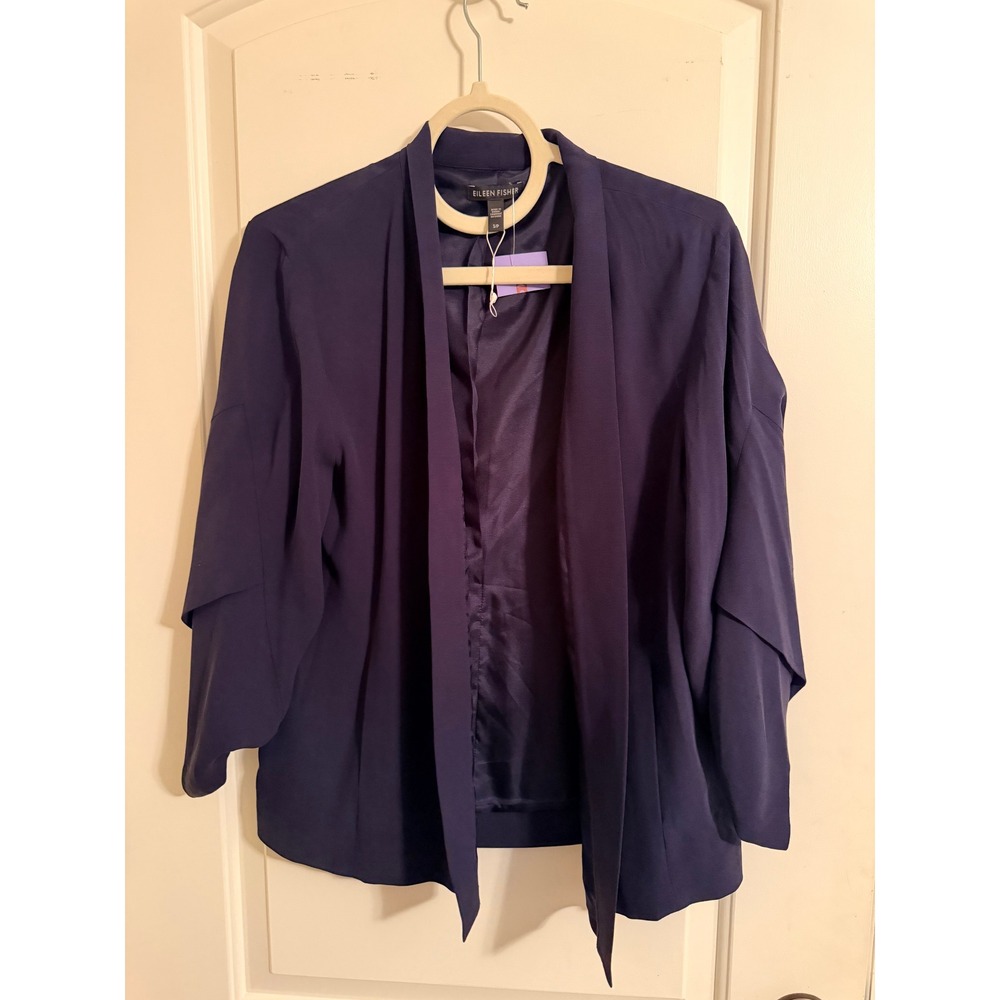 Eileen Fisher Silk Open Front Blazer Navy Tiered Sleeve Jacket Size‎ S